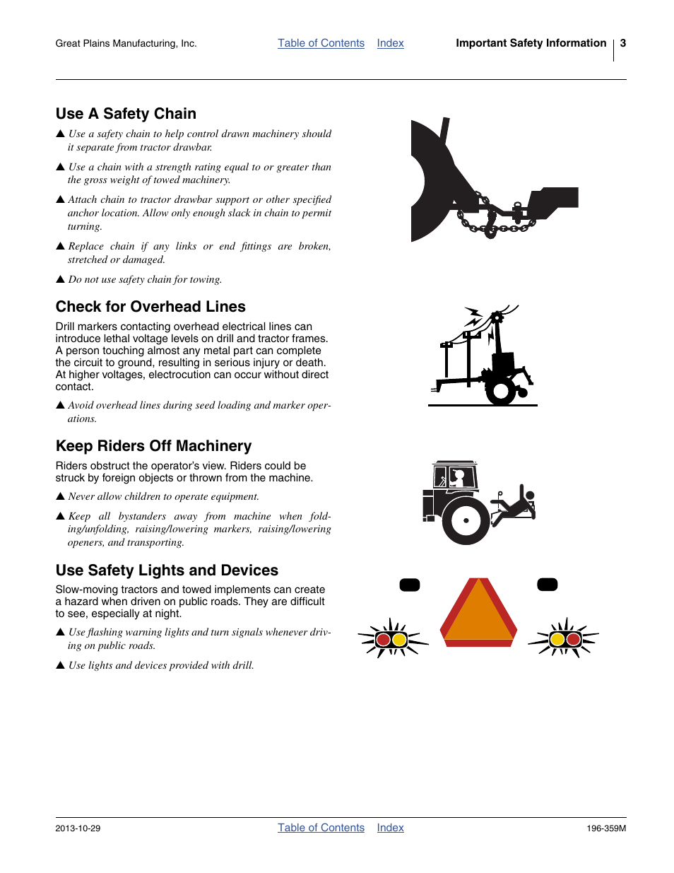 Check for overhead lines, Keep riders off machinery, Use safety lights and devices | Use a safety chain | Great Plains 3N-4020 Operator Manual User Manual | Page 7 / 142