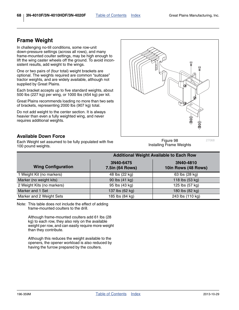 Frame weight, Available down force, Ing setting - see “ frame | Great Plains 3N-4020 Operator Manual User Manual | Page 72 / 142