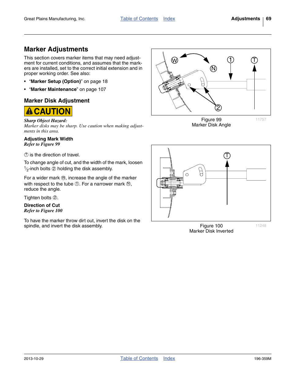 Marker adjustments, Marker disk adjustment, Adjusting mark width | Direction of cut | Great Plains 3N-4020 Operator Manual User Manual | Page 73 / 142