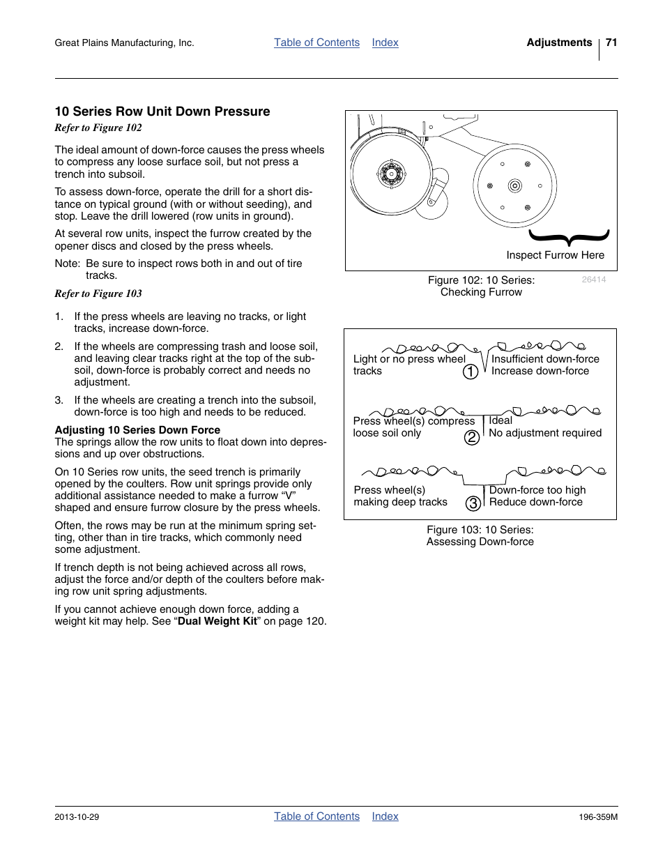10 series row unit down pressure, Adjusting 10 series down force | Great Plains 3N-4020 Operator Manual User Manual | Page 75 / 142