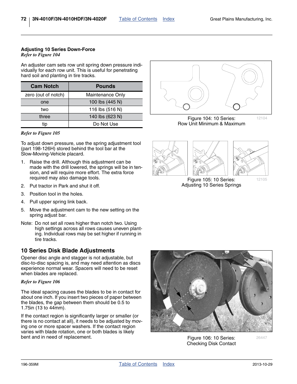 Adjusting 10 series down-force, 10 series disk blade adjustments | Great Plains 3N-4020 Operator Manual User Manual | Page 76 / 142