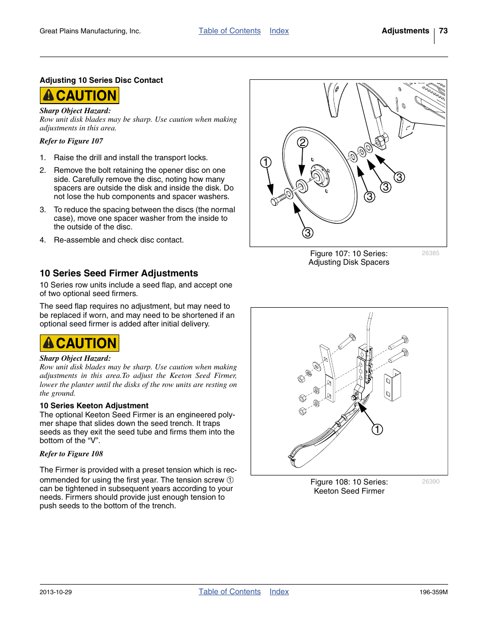 Adjusting 10 series disc contact, 10 series seed firmer adjustments, 10 series keeton adjustment | Great Plains 3N-4020 Operator Manual User Manual | Page 77 / 142
