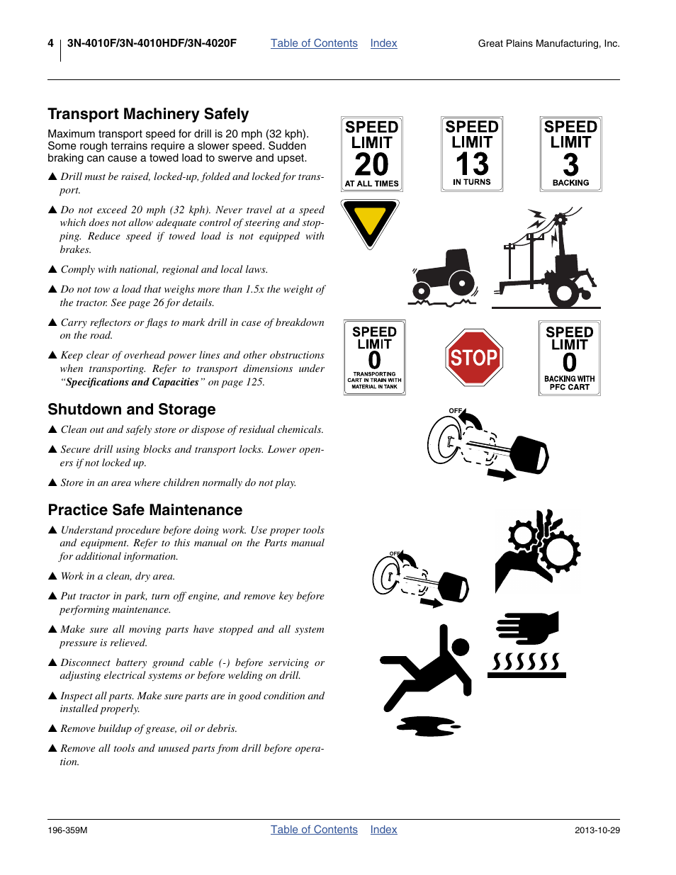 Transport machinery safely, Shutdown and storage, Practice safe maintenance | Great Plains 3N-4020 Operator Manual User Manual | Page 8 / 142