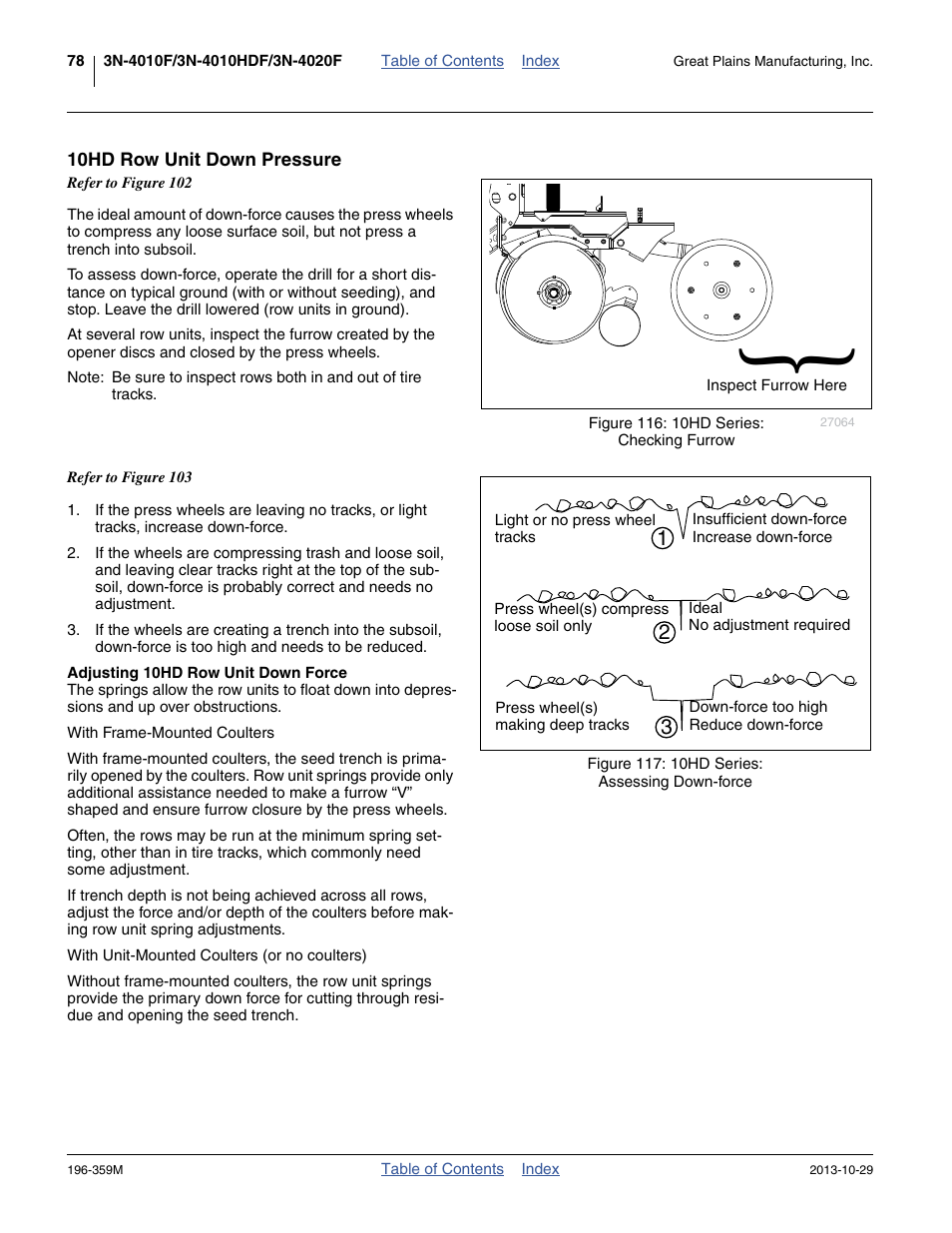 10hd row unit down pressure, Adjusting 10hd row unit down force | Great Plains 3N-4020 Operator Manual User Manual | Page 82 / 142