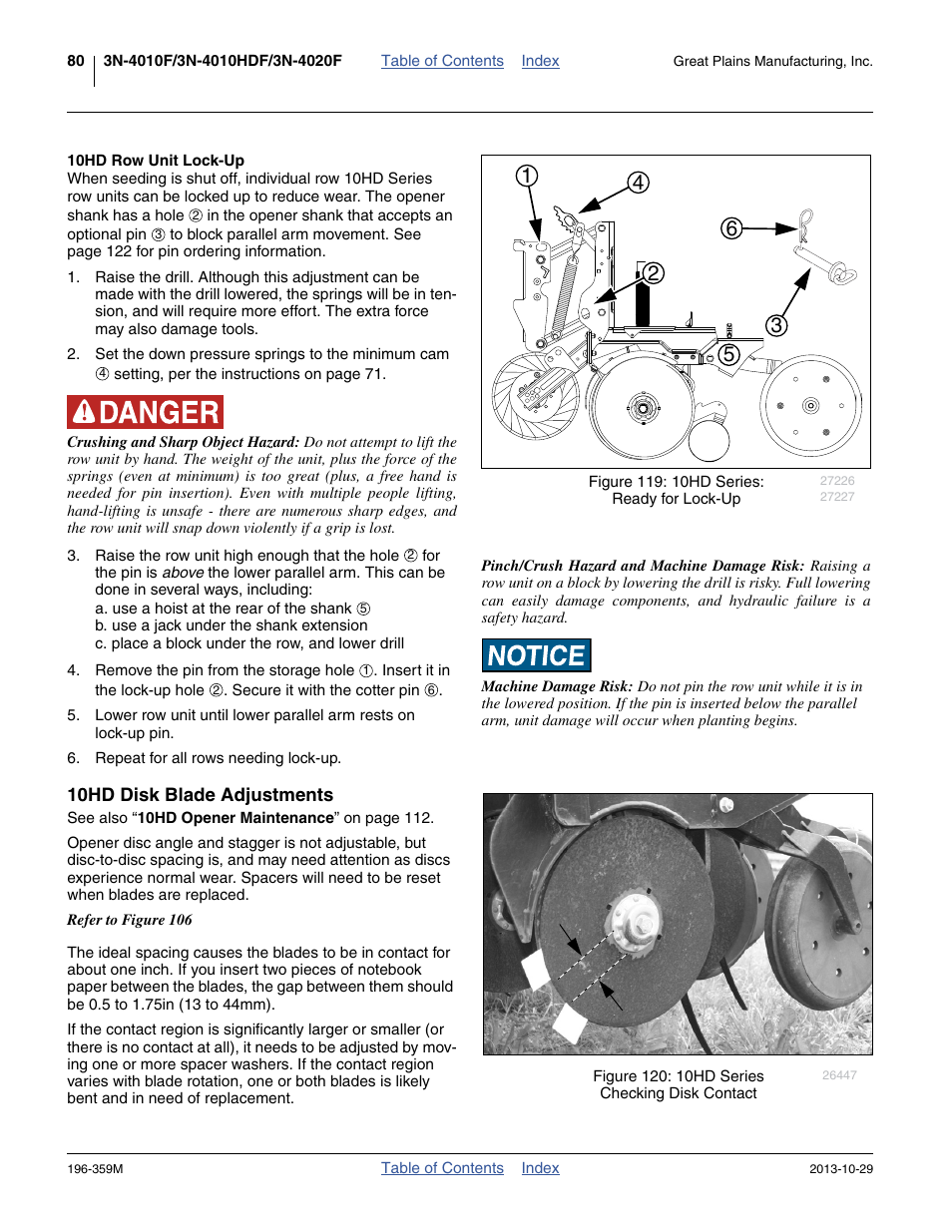 10hd row unit lock-up, 10hd disk blade adjustments | Great Plains 3N-4020 Operator Manual User Manual | Page 84 / 142
