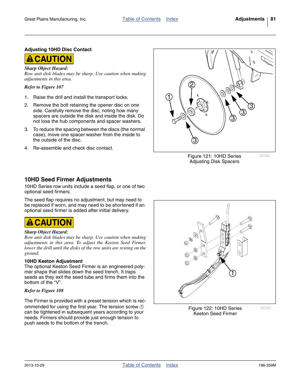 Adjusting 10hd disc contact, 10hd seed firmer adjustments, 10hd keeton adjustment | Great Plains 3N-4020 Operator Manual User Manual | Page 85 / 142