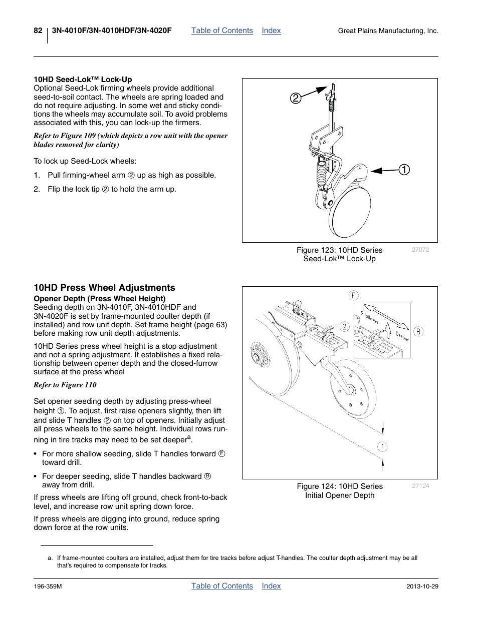 10hd seed-lok™ lock-up, 10hd press wheel adjustments, Opener depth (press wheel height) | Great Plains 3N-4020 Operator Manual User Manual | Page 86 / 142