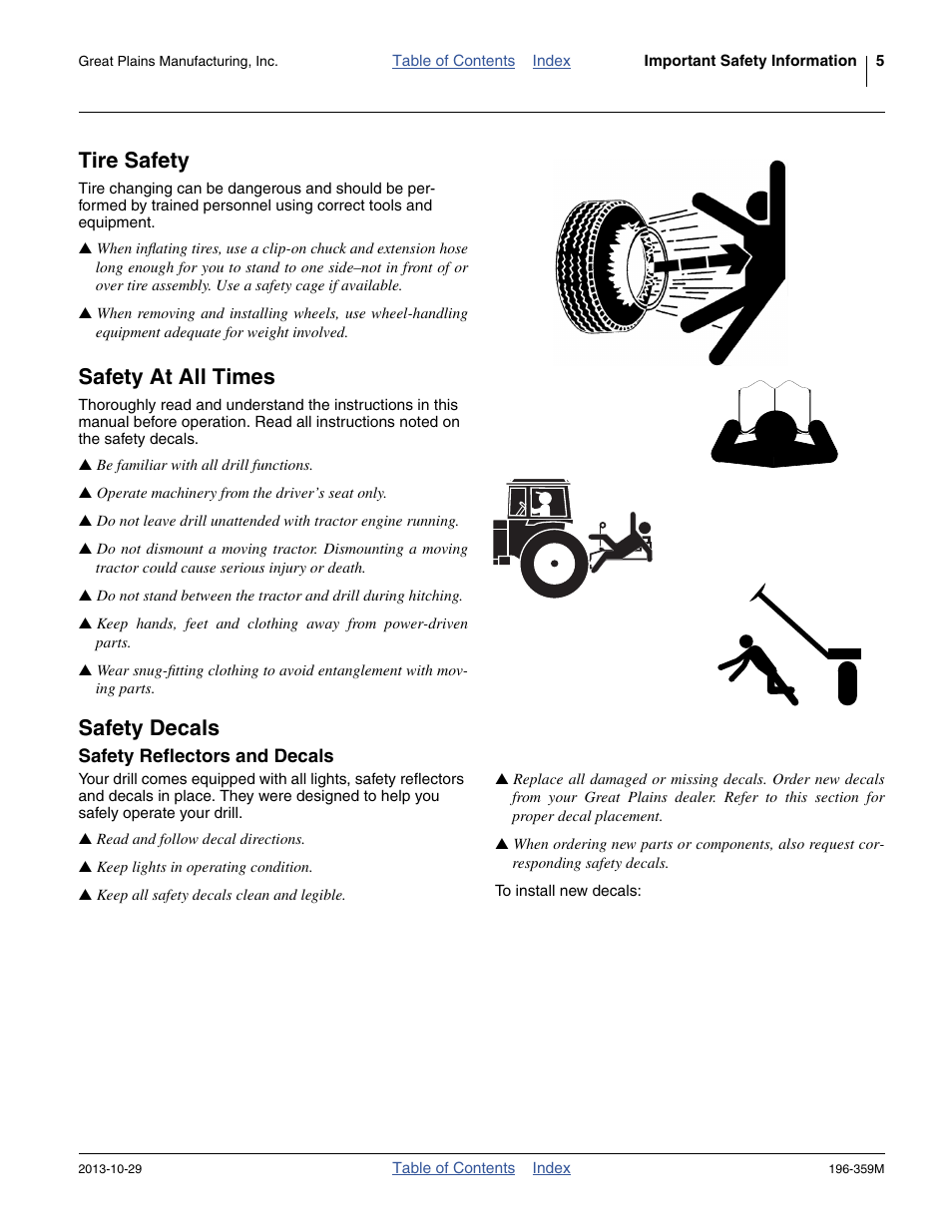 Tire safety, Safety at all times, Safety decals | Safety reflectors and decals | Great Plains 3N-4020 Operator Manual User Manual | Page 9 / 142