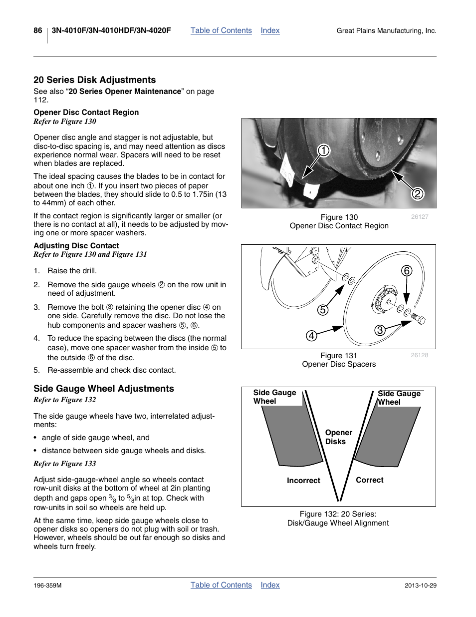 20 series disk adjustments, Opener disc contact region, Adjusting disc contact | Side gauge wheel adjustments | Great Plains 3N-4020 Operator Manual User Manual | Page 90 / 142
