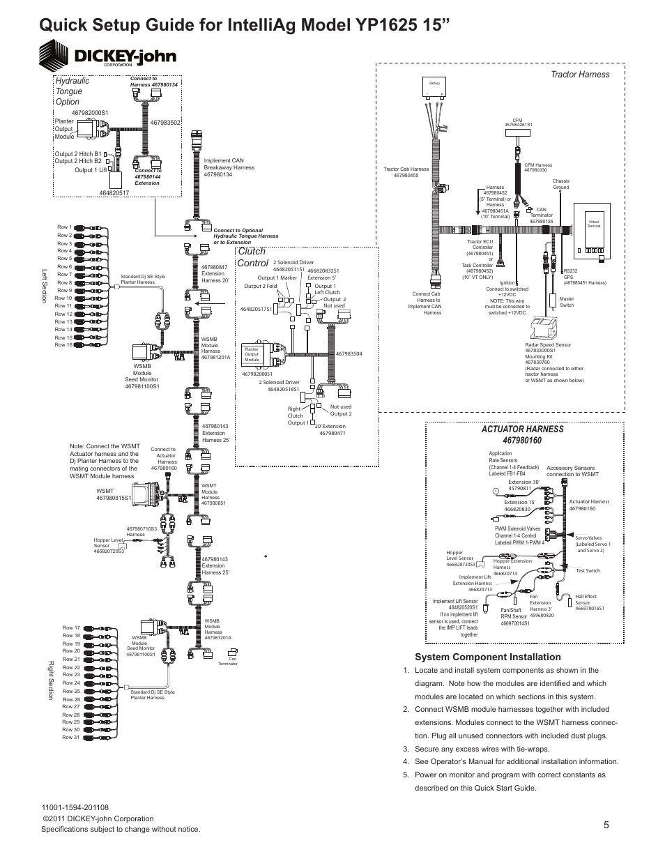 System component installation, Clutch control, Tractor harness | Hydraulic tongue option | Great Plains YP1625-3115 31 Row 15 Inch Quick Start User Manual | Page 5 / 5