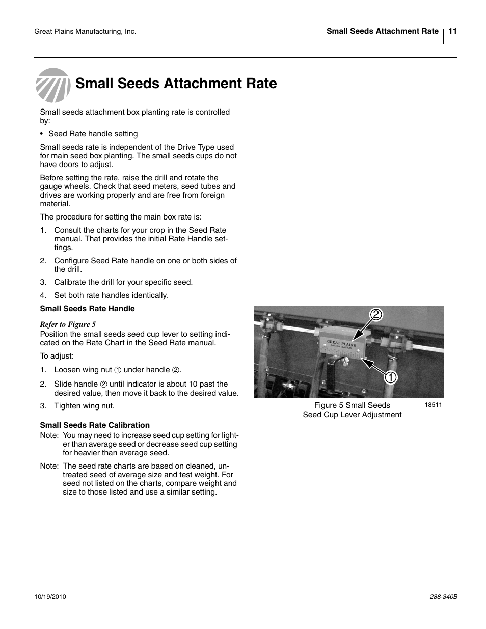 Small seeds attachment rate, Small seeds rate handle, Small seeds rate calibration | Great Plains 2510HDF Material Rate User Manual | Page 13 / 26
