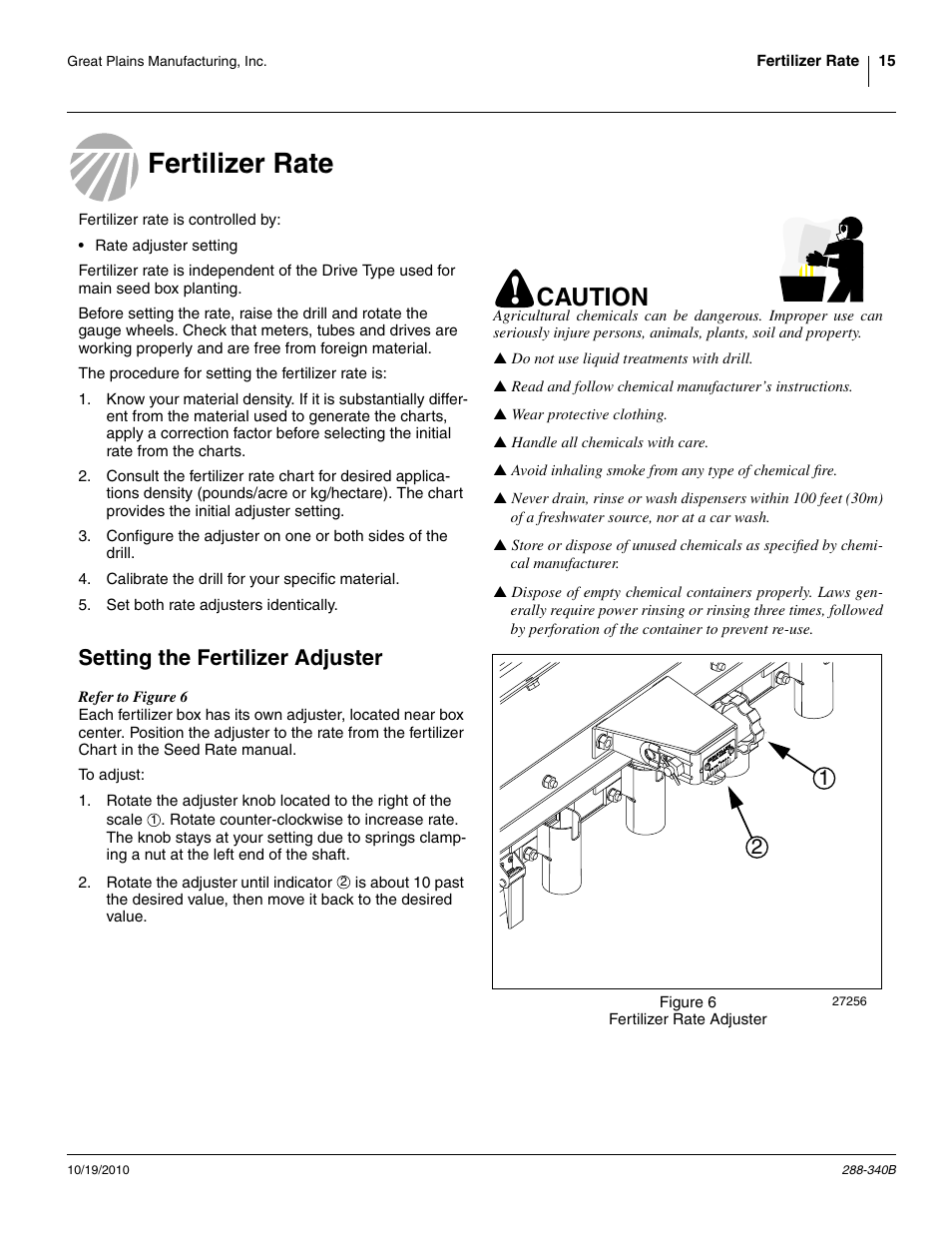 Fertilizer rate, Setting the fertilizer adjuster, Fertilizer rate setting the fertilizer adjuster | Caution | Great Plains 2510HDF Material Rate User Manual | Page 17 / 26