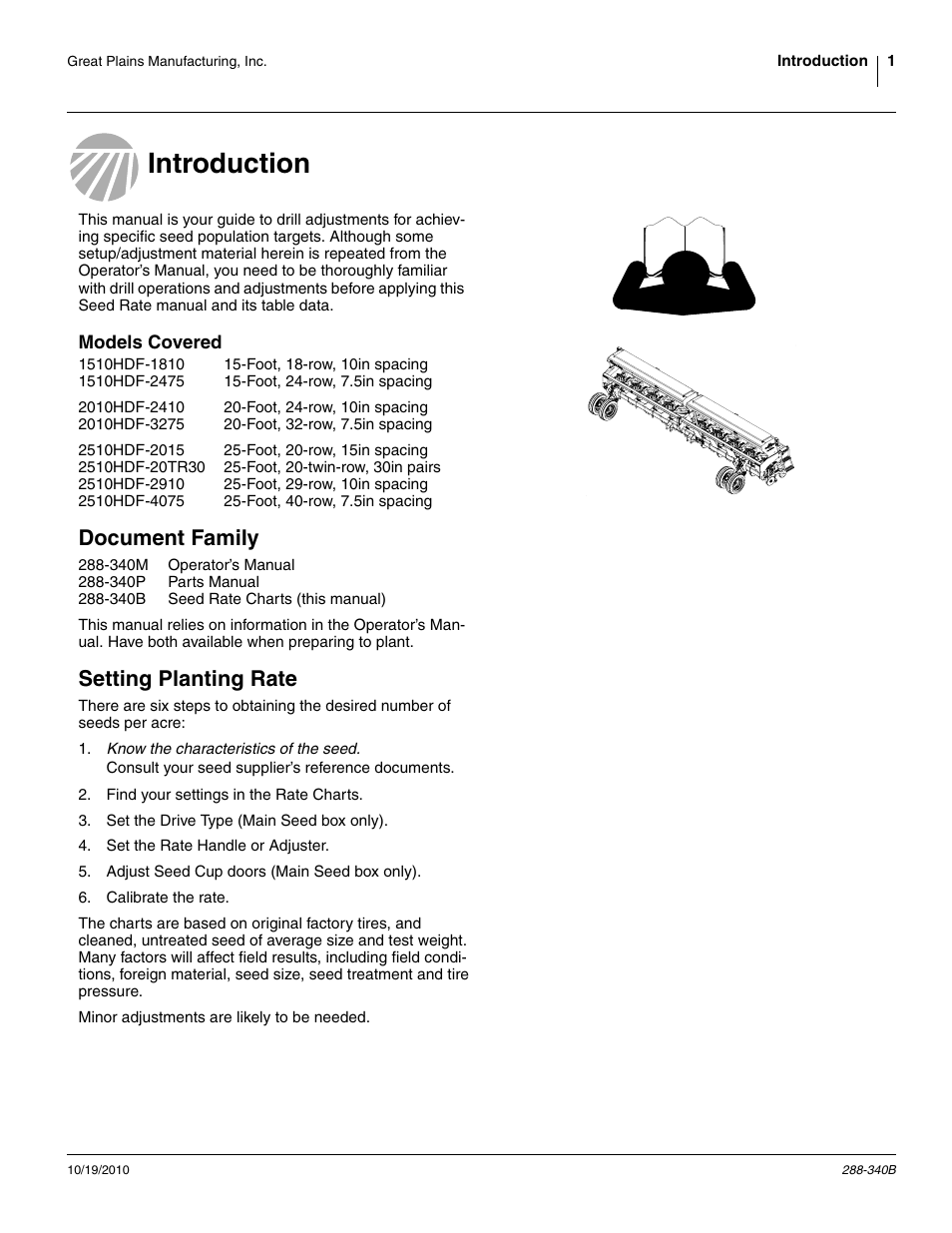 Introduction, Models covered, Document family | Setting planting rate, Document family setting planting rate | Great Plains 2510HDF Material Rate User Manual | Page 3 / 26