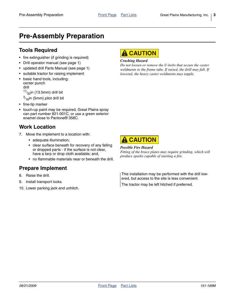 Pre-assembly preparation, Tools required, Work location | Prepare implement | Great Plains 1007NT-1906 Assembly Instructions User Manual | Page 3 / 8