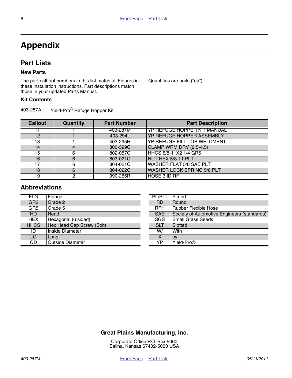 Appendix, Part lists, Ange 11 to 19 ref | Abbreviations | Great Plains Yield-Pro Planters Refuge Hopper Kit User Manual | Page 6 / 6