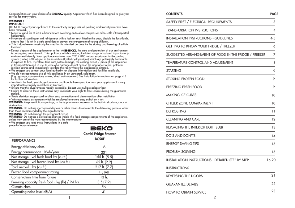 Beko BC50F User Manual | Page 2 / 13