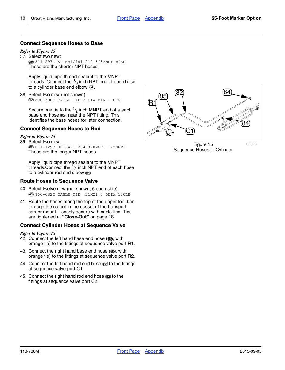Connect sequence hoses to base, Connect sequence hoses to rod, Route hoses to sequence valve | Connect cylinder hoses at sequence valve | Great Plains 2525P Assembly Instructions User Manual | Page 10 / 20