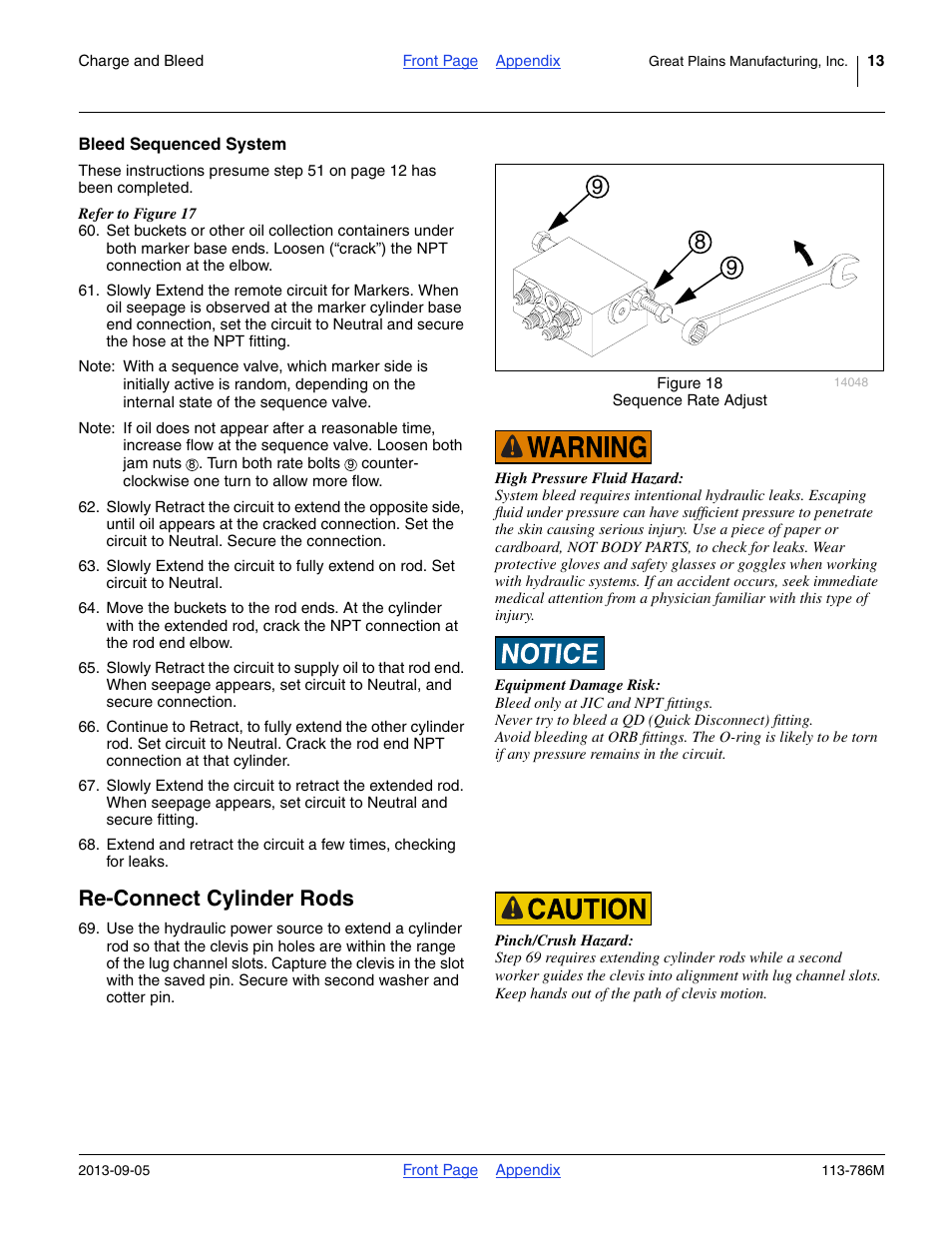 Bleed sequenced system, Re-connect cylinder rods | Great Plains 2525P Assembly Instructions User Manual | Page 13 / 20