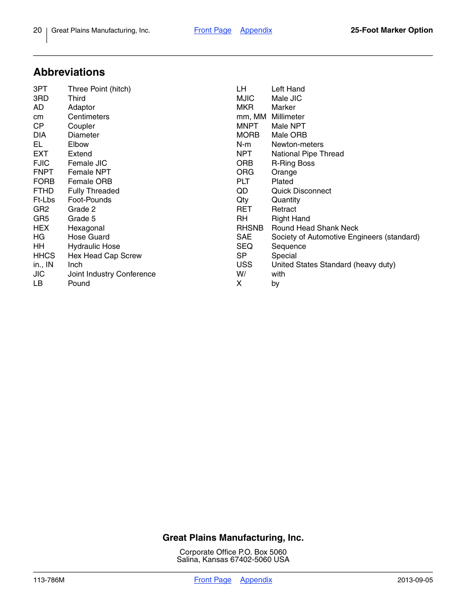 Abbreviations | Great Plains 2525P Assembly Instructions User Manual | Page 20 / 20