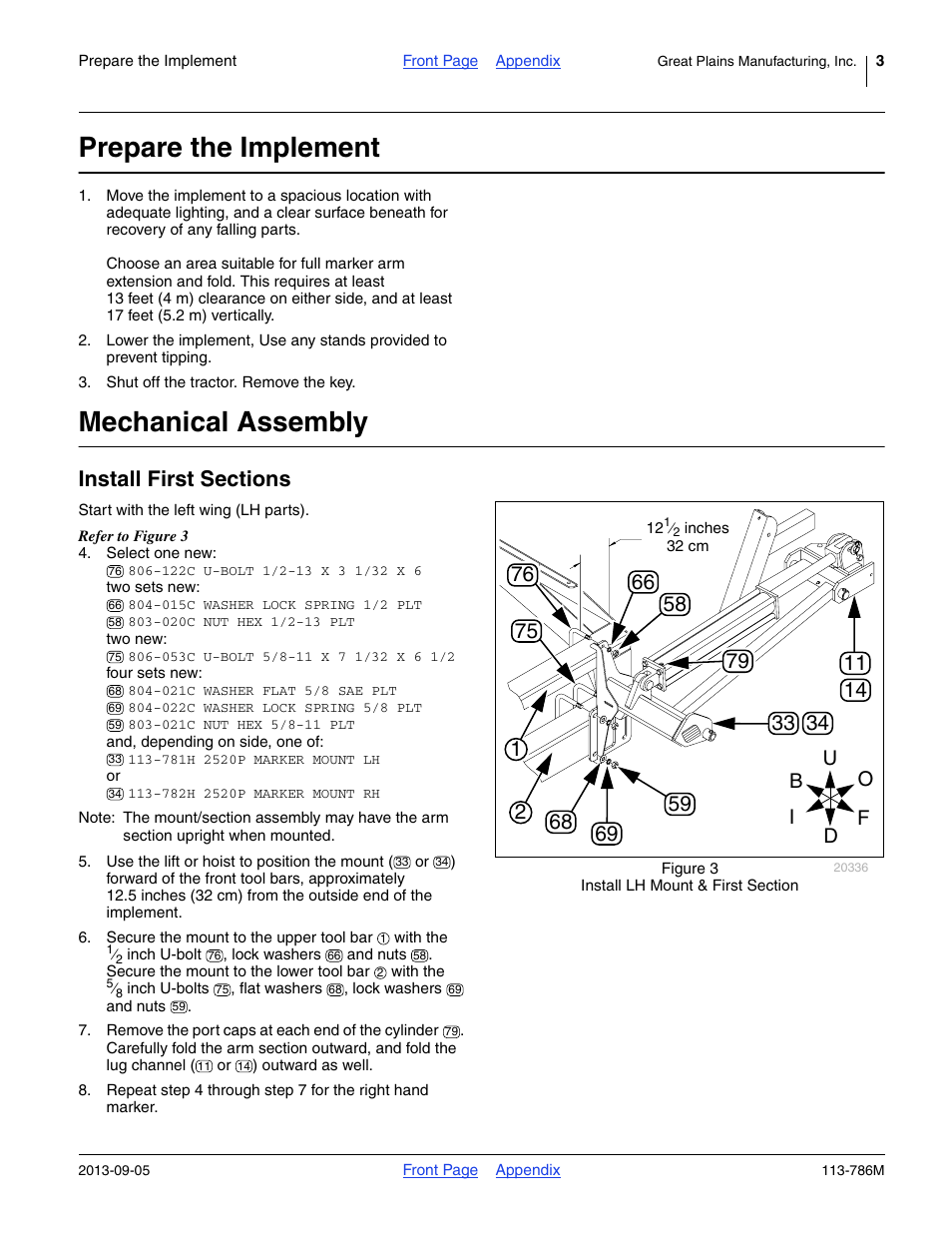 Prepare the implement, Mechanical assembly, Install first sections | Great Plains 2525P Assembly Instructions User Manual | Page 3 / 20