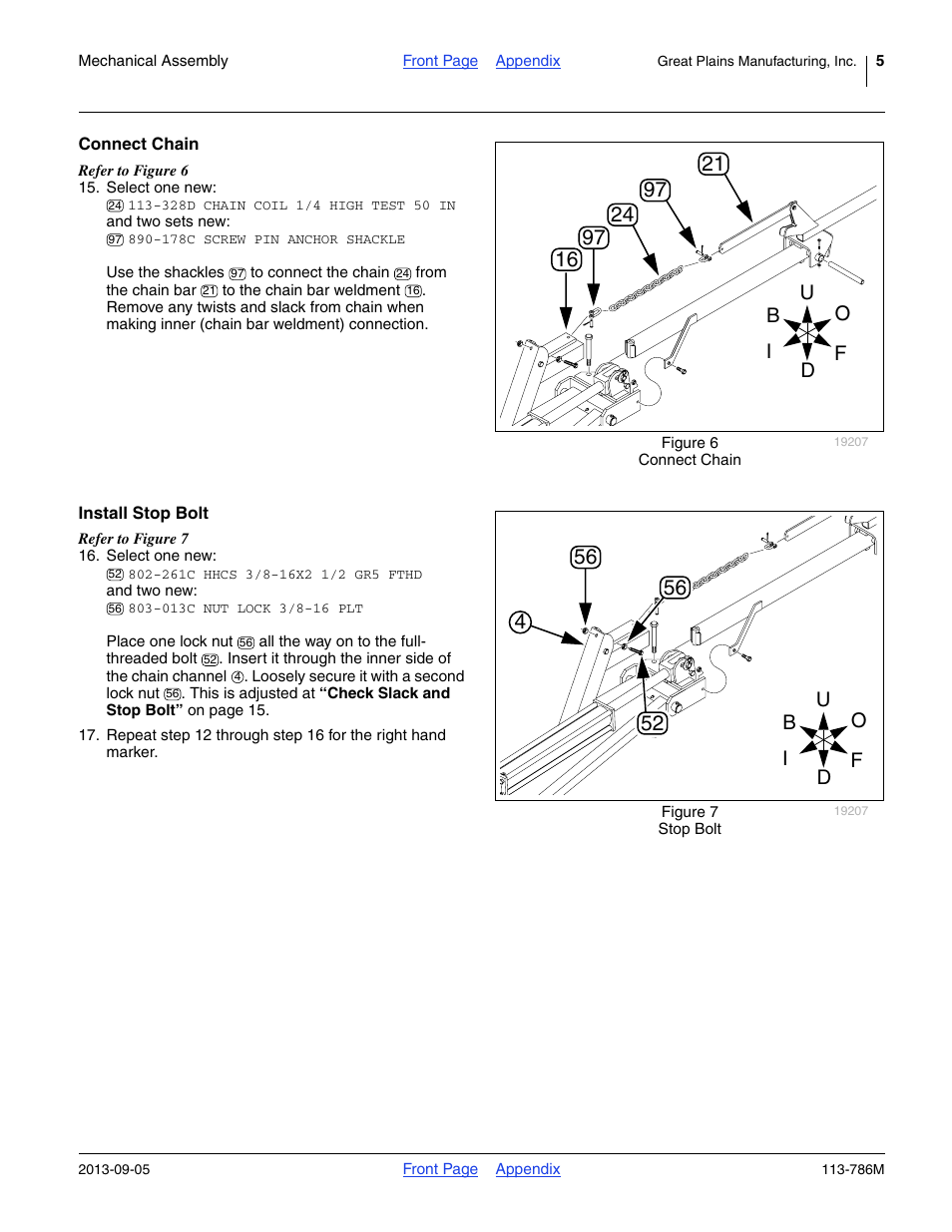 Connect chain, Install stop bolt, Or step 15 | Great Plains 2525P Assembly Instructions User Manual | Page 5 / 20