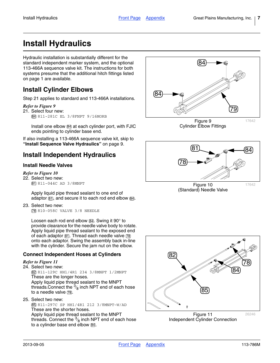 Install hydraulics, Install cylinder elbows, Install independent hydraulics | Install needle valves, Connect independent hoses at cylinders | Great Plains 2525P Assembly Instructions User Manual | Page 7 / 20