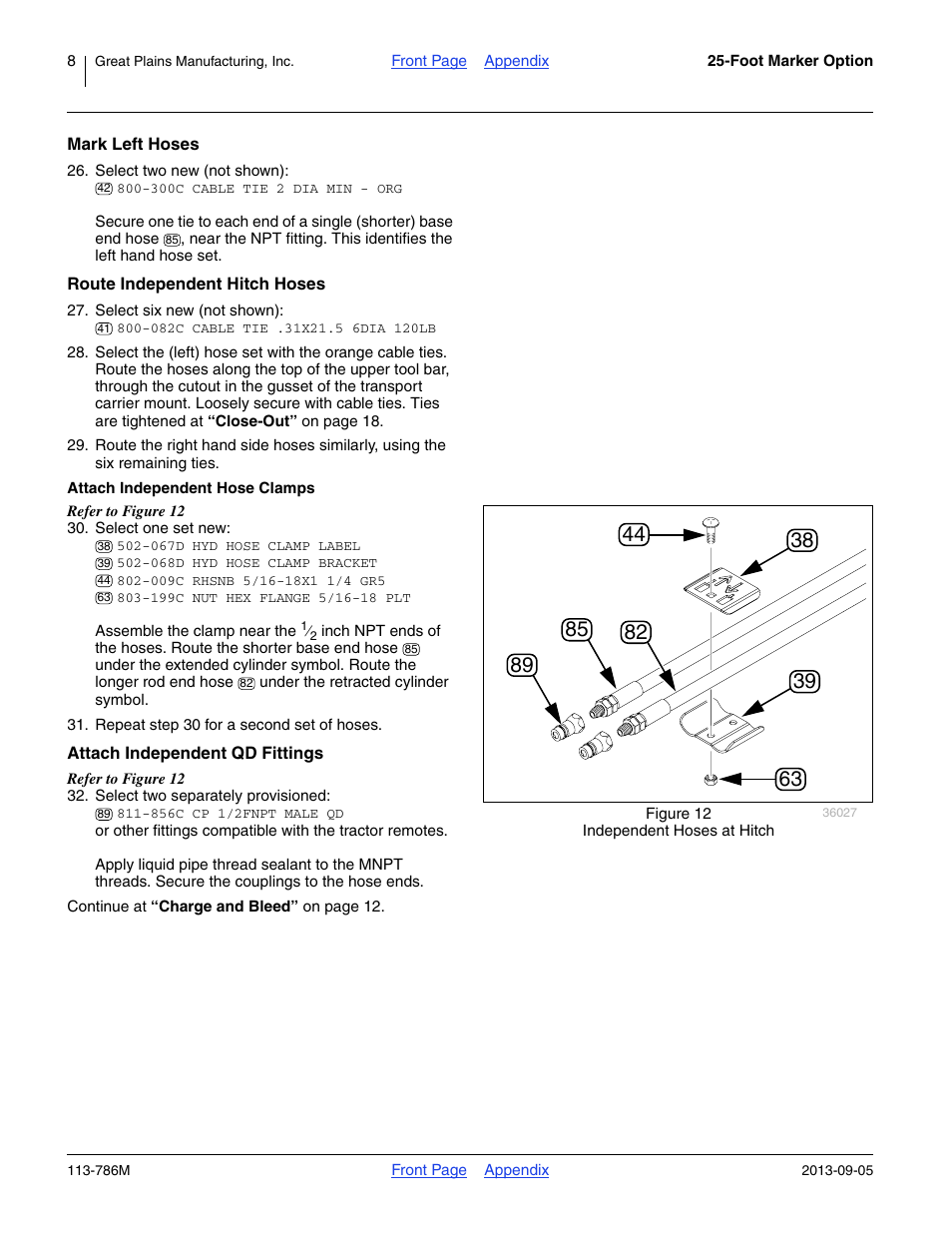 Mark left hoses, Route independent hitch hoses, Attach independent hose clamps | Attach independent qd fittings | Great Plains 2525P Assembly Instructions User Manual | Page 8 / 20