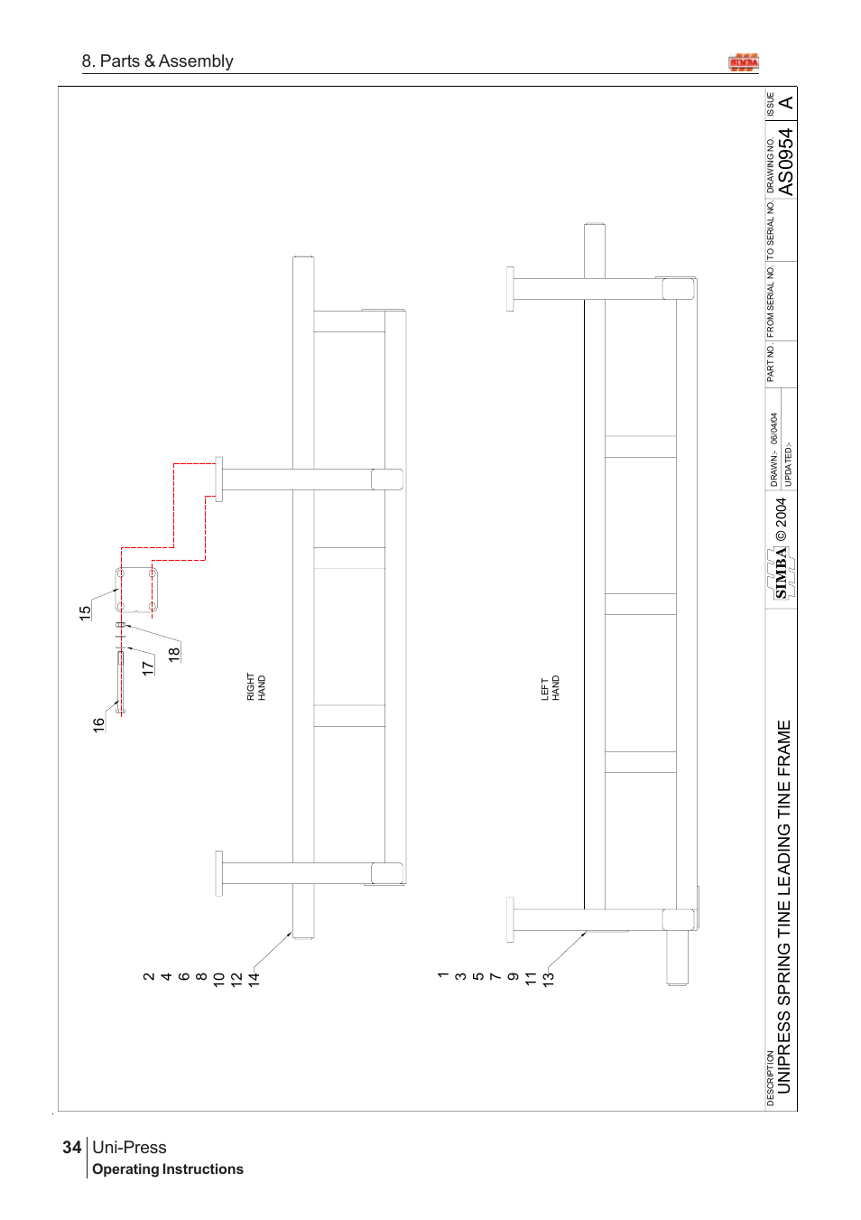 As09 5 4 a, Uni-press, 34 8. parts & assembly | Un ip r ess sp ri n g ti ne l ead ing tin e frame | Great Plains Uni-Press Assembly Instructions User Manual | Page 14 / 46