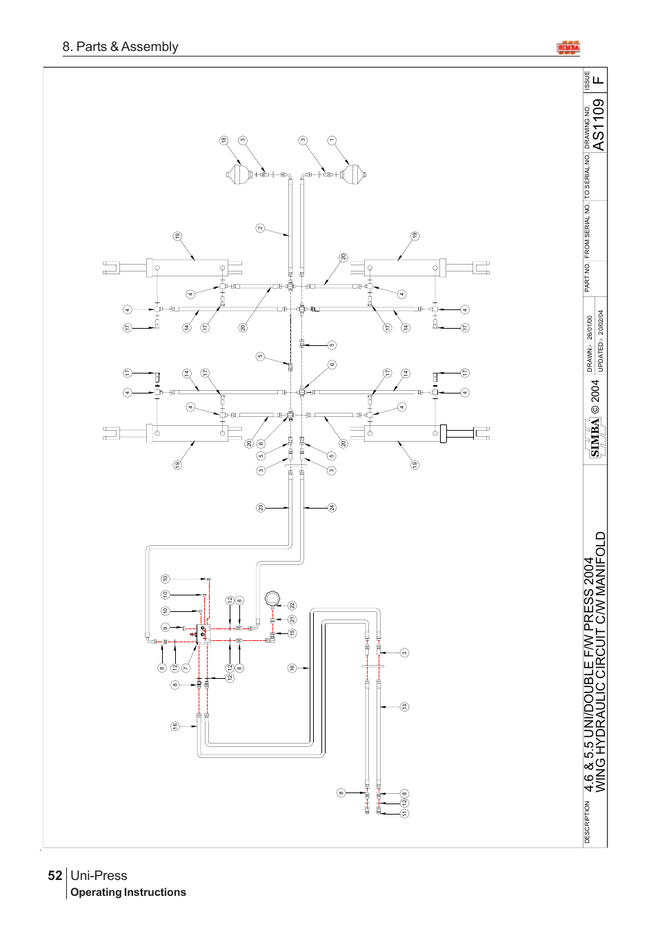 As 110 9 f, Uni-press, 52 8. parts & assembly | Wi ng h y dra u l ic ci rc ui t c/ w m a ni fol d, Operating instructions, Simba © 20 04 | Great Plains Uni-Press Assembly Instructions User Manual | Page 32 / 46