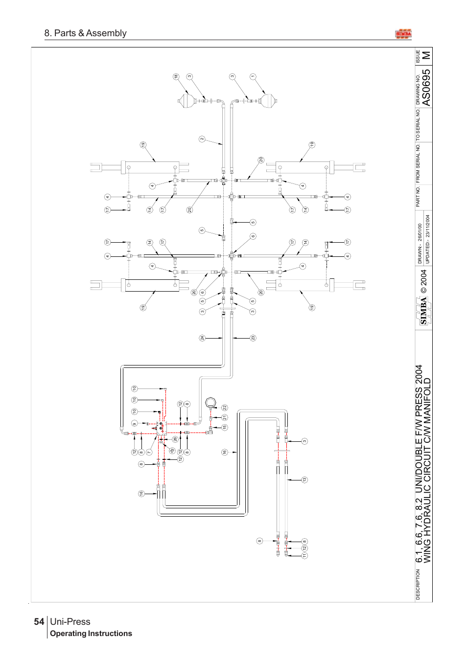As069 5 m, Uni-press, 54 8. parts & assembly | Win g hy dra uli c cir c u it c /w m a ni fo ld, Operating instructions, Simba © 200 4 | Great Plains Uni-Press Assembly Instructions User Manual | Page 34 / 46