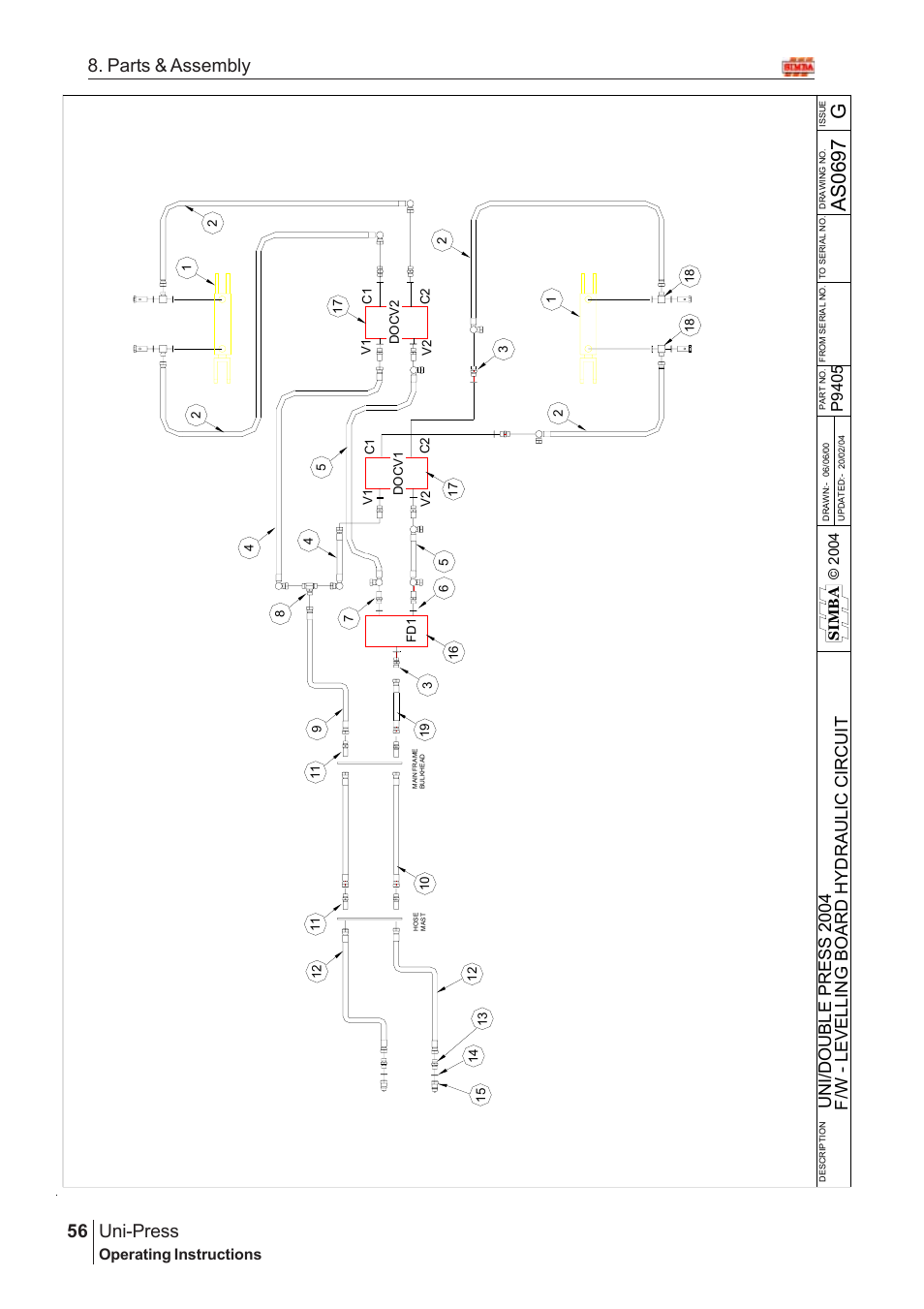 As 0697 g, Uni-press, 56 8. parts & assembly | F/w - leve l li n g board hy d r au l ic c ircuit, Uni /double p r ess 20 04, Operating instructions, P9 405 | Great Plains Uni-Press Assembly Instructions User Manual | Page 36 / 46