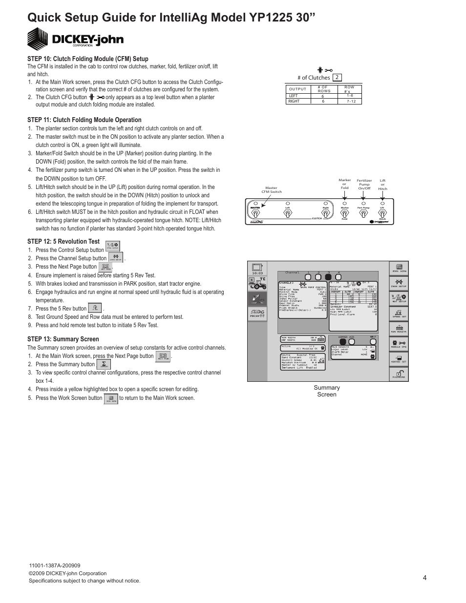 Step 12: 5 revolution test, 4step 13: summary screen, Step 11: clutch folding module operation | Step 10: clutch folding module (cfm) setup | Great Plains YP1225-1230 12 Row 30 Inch Quick Start User Manual | Page 4 / 5