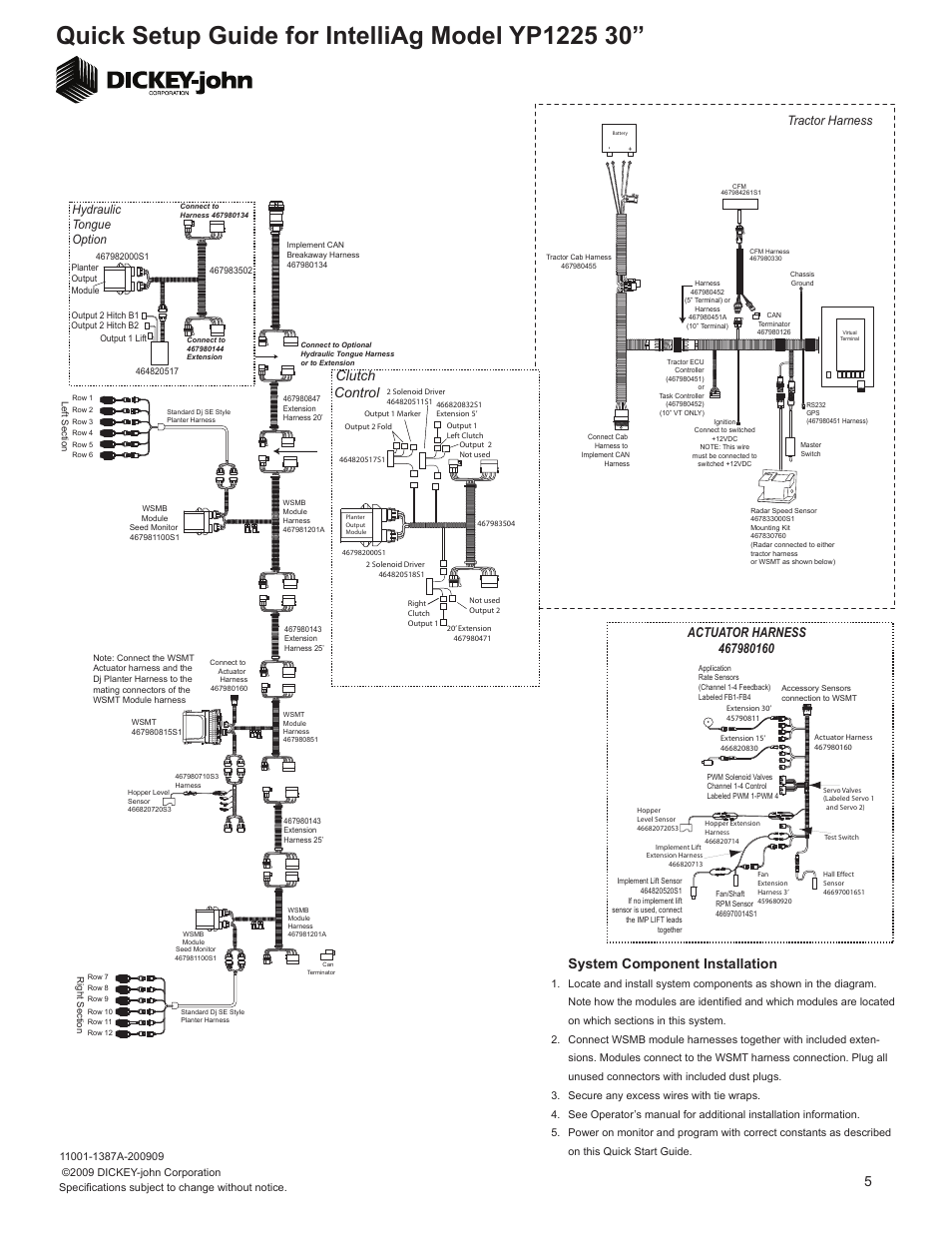 5system component installation, Clutch control, Tractor harness | Hydraulic tongue option | Great Plains YP1225-1230 12 Row 30 Inch Quick Start User Manual | Page 5 / 5