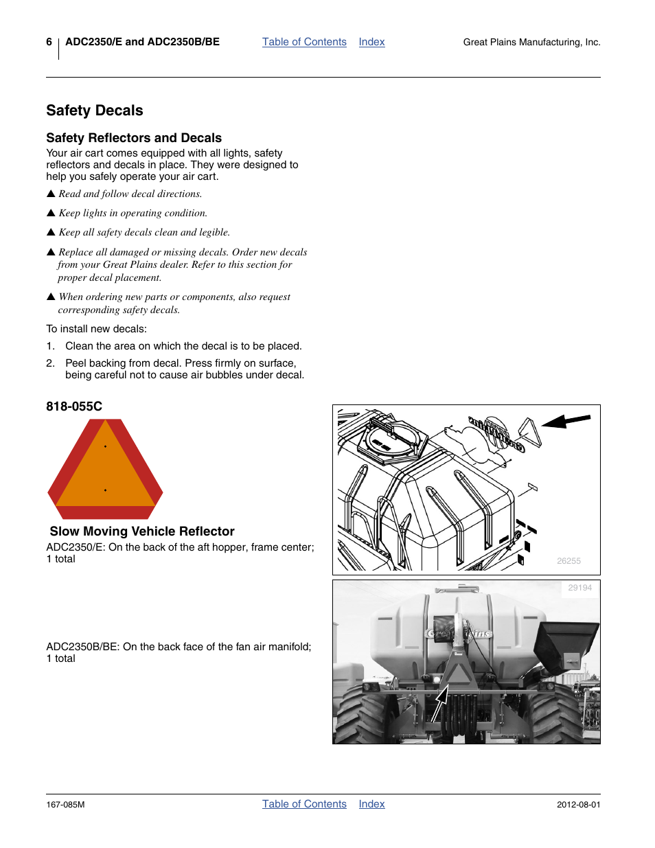 Safety decals, Safety reflectors and decals, 055c slow moving vehicle reflector | Great Plains ADC2350BE Operator Manual User Manual | Page 10 / 108