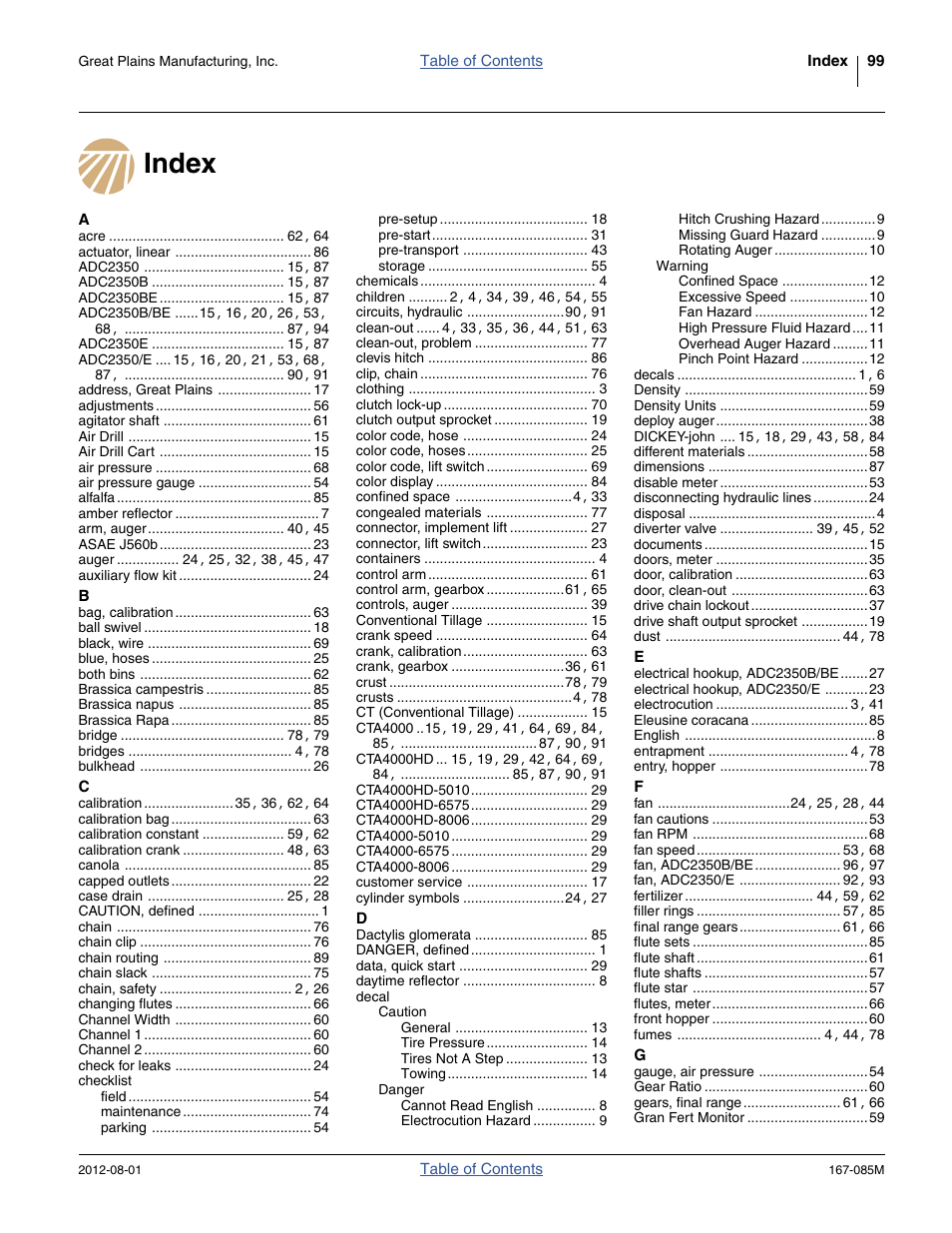 Index | Great Plains ADC2350BE Operator Manual User Manual | Page 103 / 108