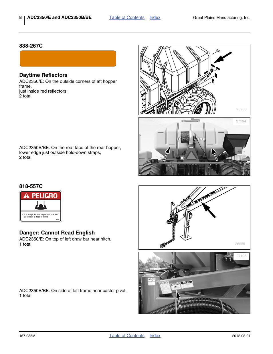 267c daytime reflectors, 557c danger: cannot read english | Great Plains ADC2350BE Operator Manual User Manual | Page 12 / 108