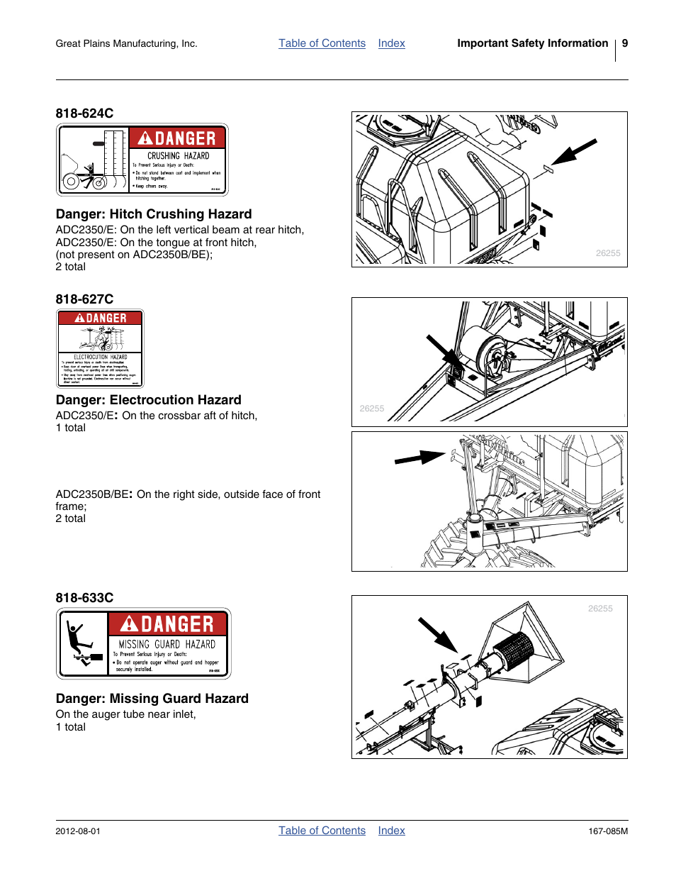 624c danger: hitch crushing hazard, 627c danger: electrocution hazard, 633c danger: missing guard hazard | Great Plains ADC2350BE Operator Manual User Manual | Page 13 / 108