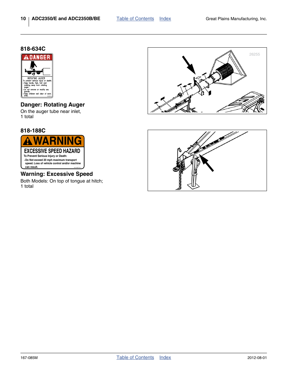 634c danger: rotating auger, 188c warning: excessive speed, Warning | Excessive speed hazard | Great Plains ADC2350BE Operator Manual User Manual | Page 14 / 108