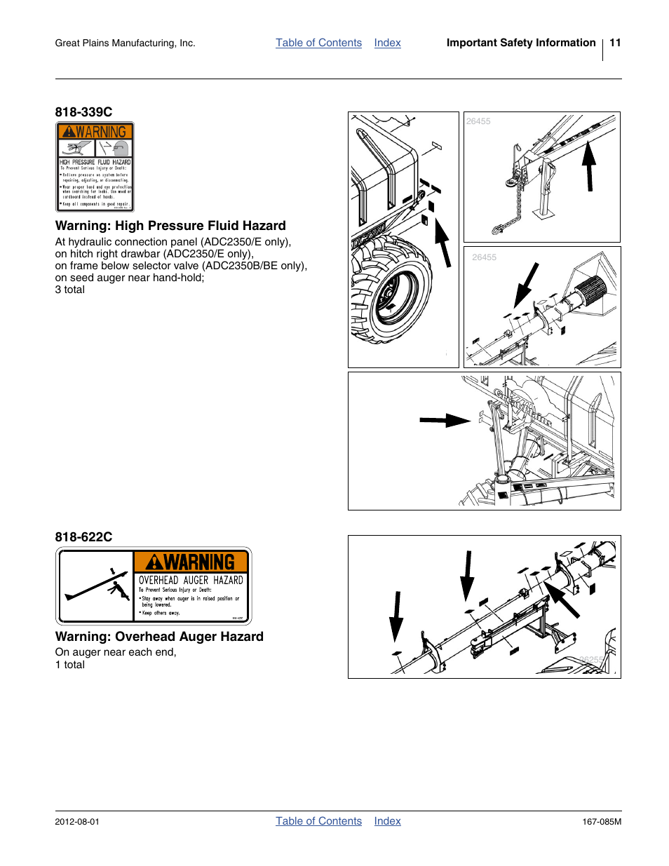 339c warning: high pressure fluid hazard, 622c warning: overhead auger hazard | Great Plains ADC2350BE Operator Manual User Manual | Page 15 / 108