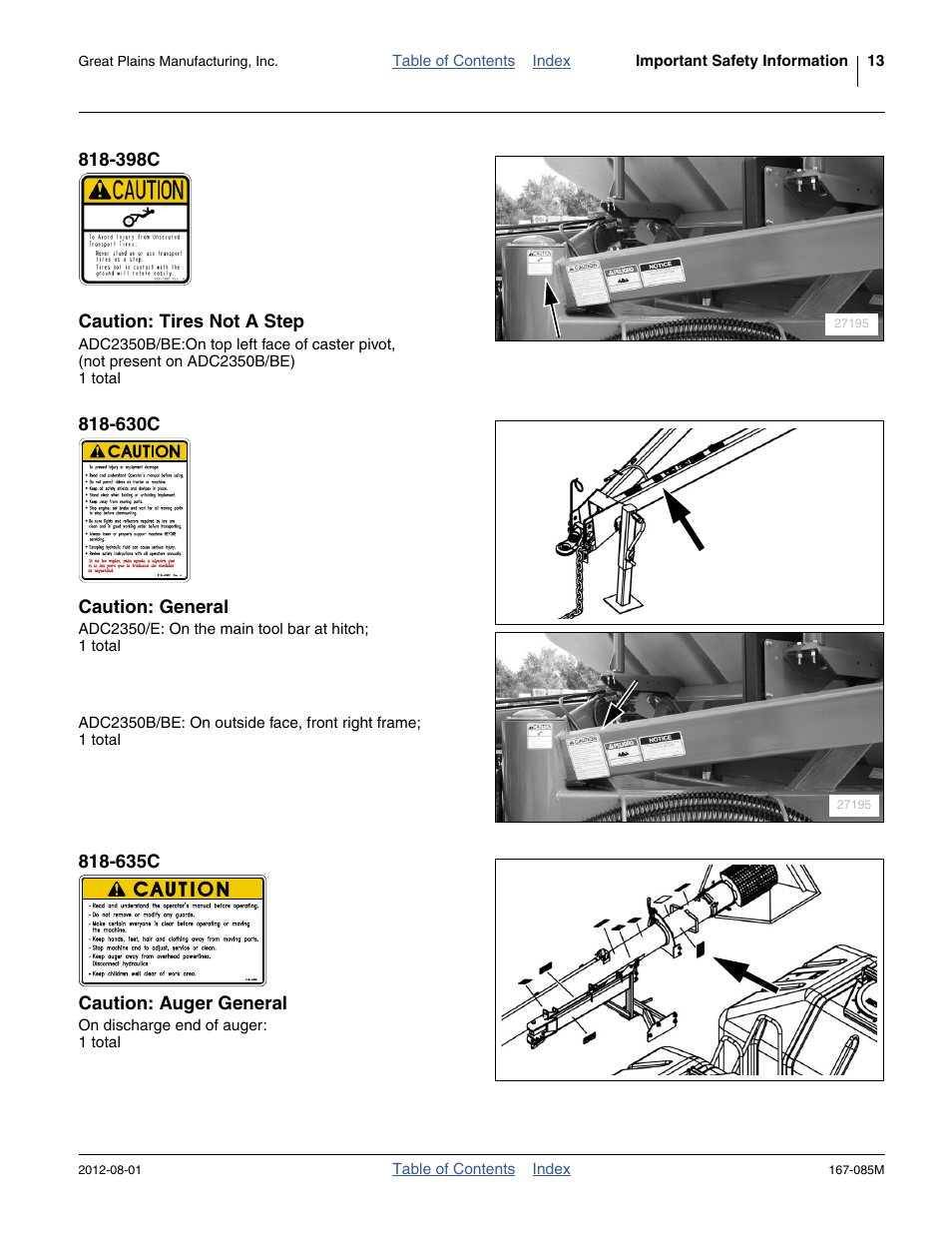 398c caution: tires not a step, 630c caution: general, 635c caution: auger general | Great Plains ADC2350BE Operator Manual User Manual | Page 17 / 108