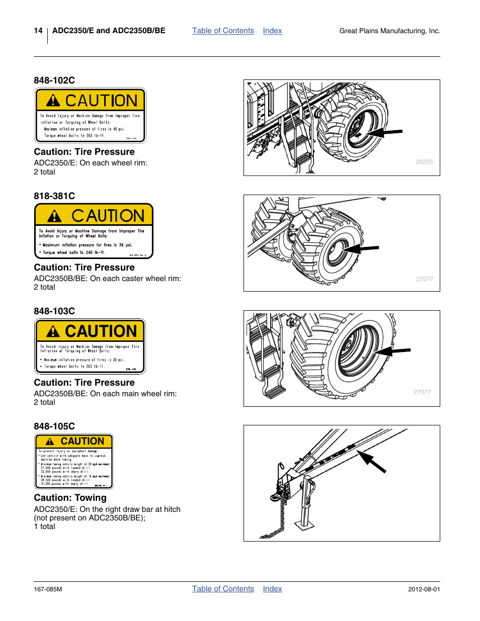 102c caution: tire pressure, 381c caution: tire pressure, 103c caution: tire pressure | 105c caution: towing, Caution | Great Plains ADC2350BE Operator Manual User Manual | Page 18 / 108