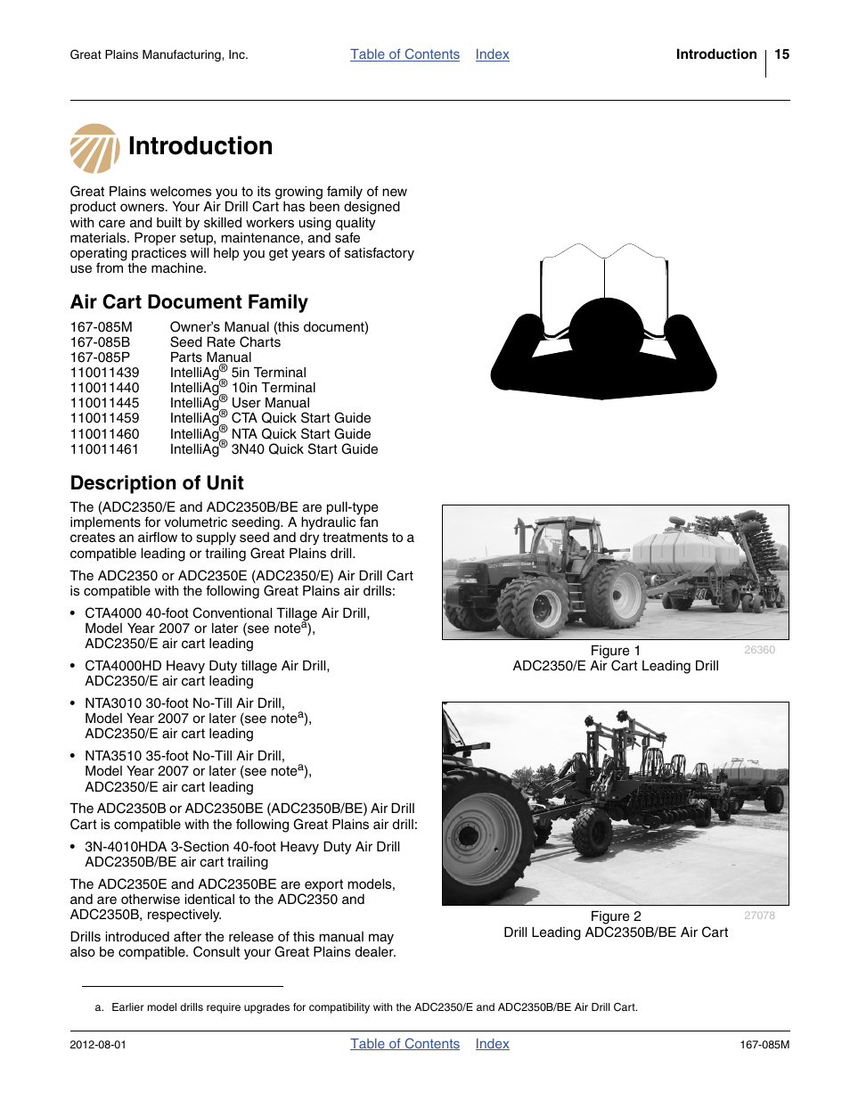 Introduction, Air cart document family, Description of unit | Great Plains ADC2350BE Operator Manual User Manual | Page 19 / 108