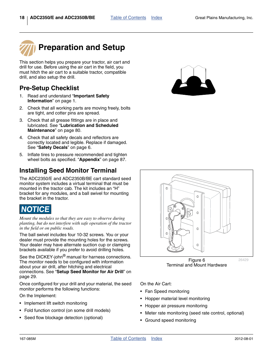 Preparation and setup, Pre-setup checklist, Installing seed monitor terminal | Great Plains ADC2350BE Operator Manual User Manual | Page 22 / 108
