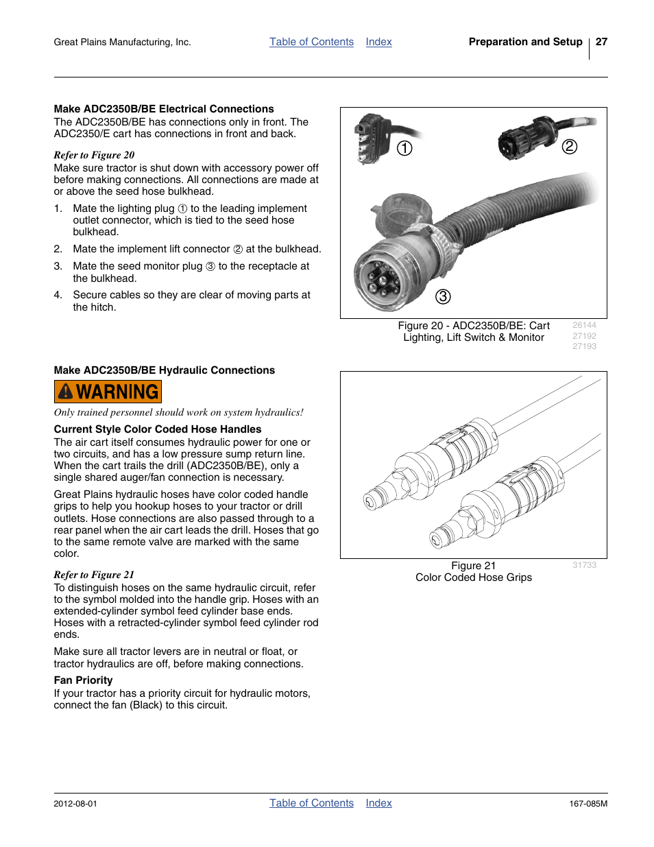 Make adc2350b/be electrical connections, Make adc2350b/be hydraulic connections, Current style color coded hose handles | Fan priority | Great Plains ADC2350BE Operator Manual User Manual | Page 31 / 108