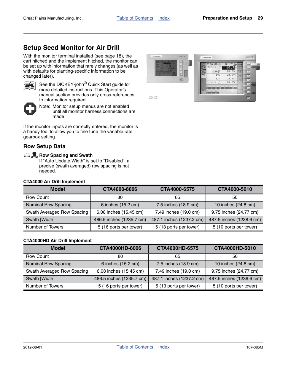 Setup seed monitor for air drill, Row setup data, Row spacing and swath | Cta4000 air drill implement, Cta4000hd air drill implement | Great Plains ADC2350BE Operator Manual User Manual | Page 33 / 108