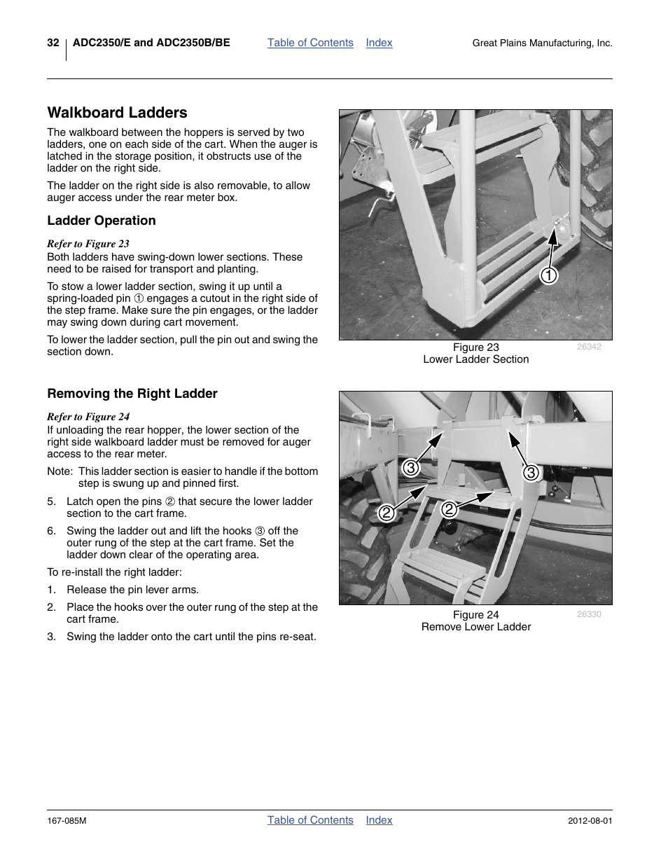 Walkboard ladders, Ladder operation, Removing the right ladder | Ladder operation removing the right ladder | Great Plains ADC2350BE Operator Manual User Manual | Page 36 / 108
