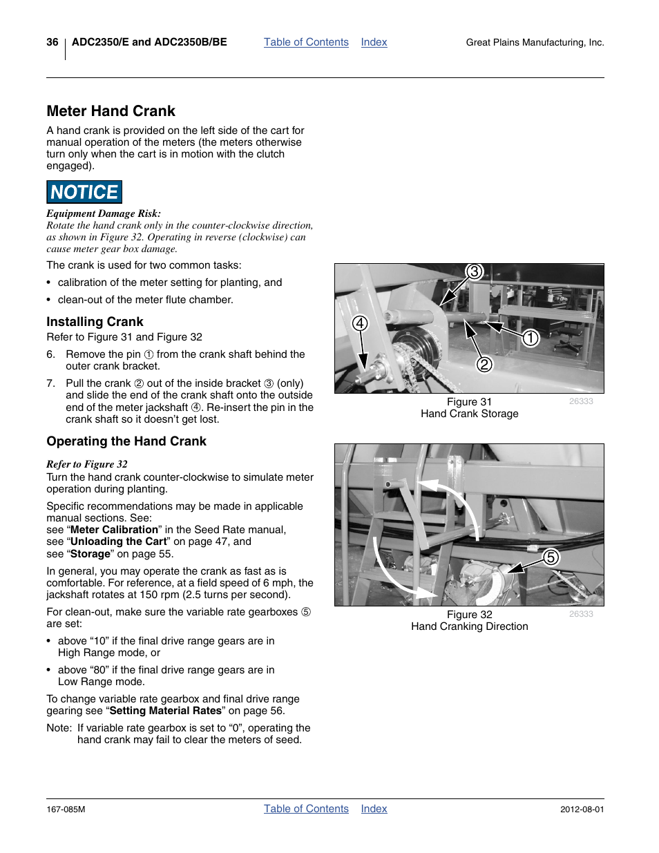 Meter hand crank, Installing crank, Operating the hand crank | Installing crank operating the hand crank | Great Plains ADC2350BE Operator Manual User Manual | Page 40 / 108