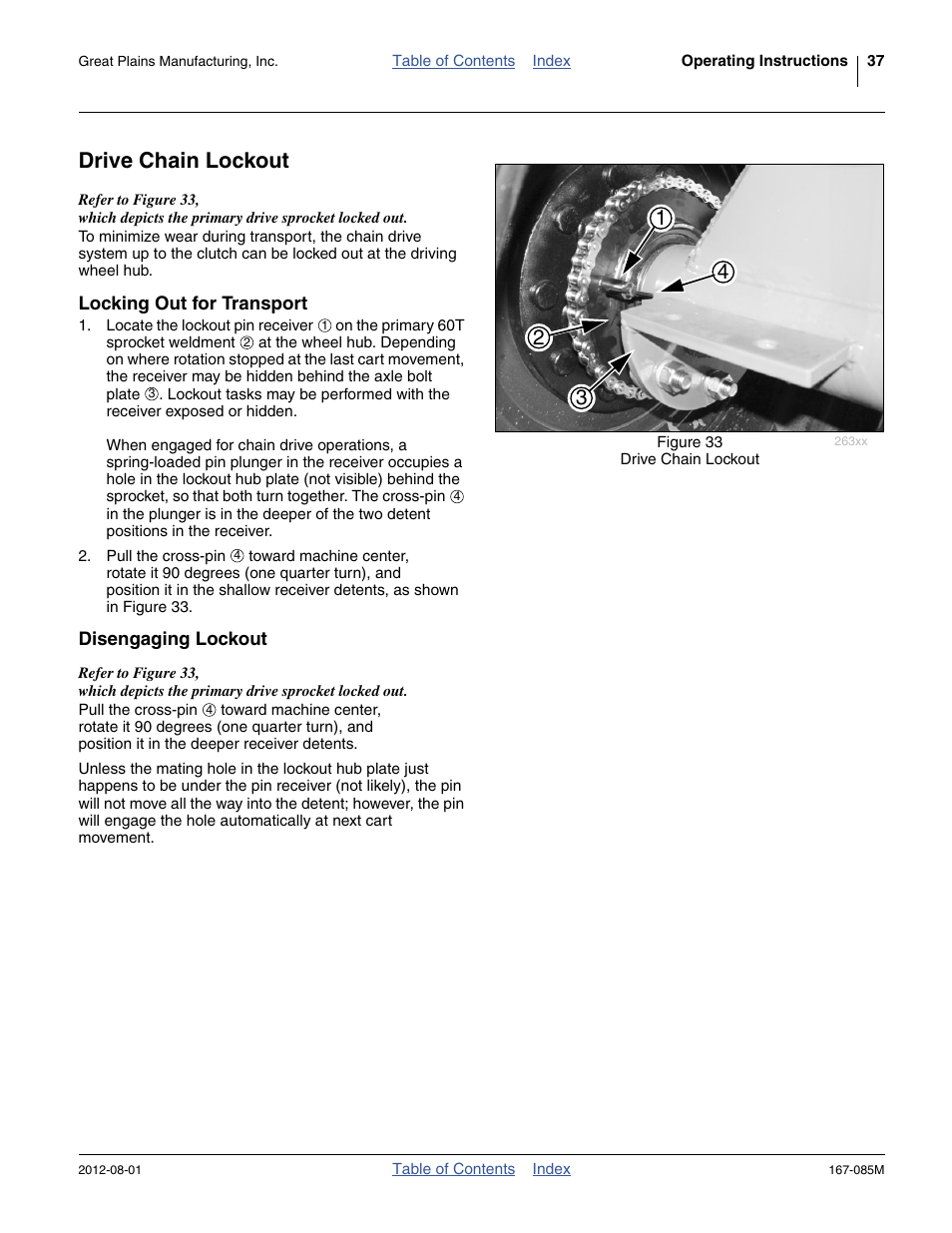 Drive chain lockout, Locking out for transport, Disengaging lockout | Locking out for transport disengaging lockout | Great Plains ADC2350BE Operator Manual User Manual | Page 41 / 108