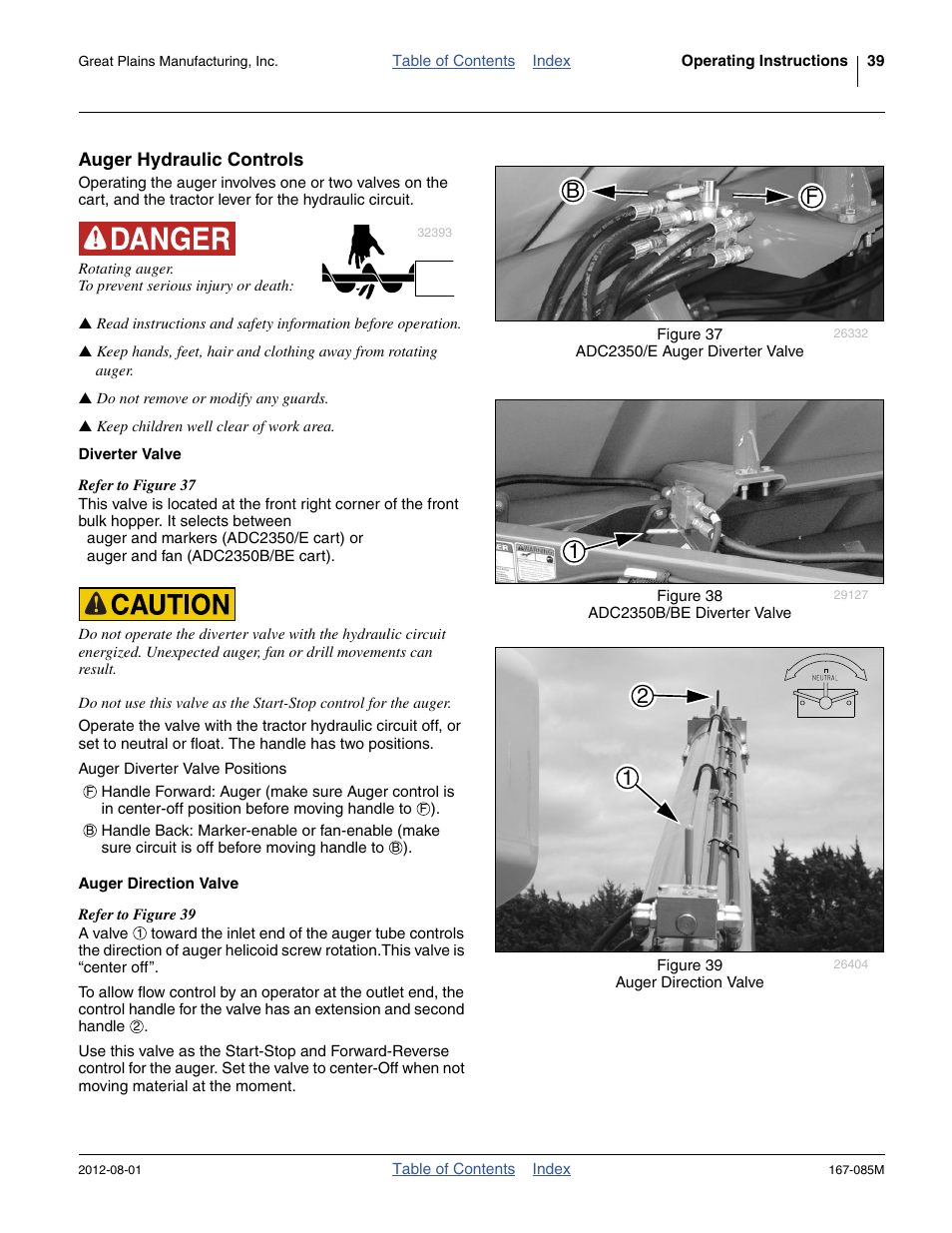 Auger hydraulic controls, Diverter valve, Auger direction valve | Diverter valve auger direction valve | Great Plains ADC2350BE Operator Manual User Manual | Page 43 / 108