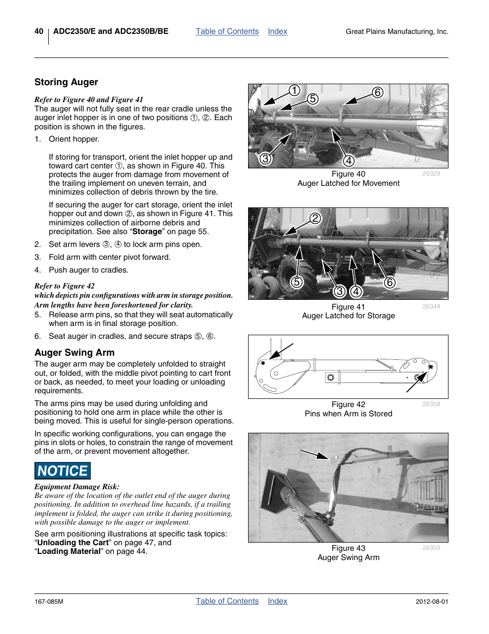 Storing auger, Auger swing arm, Storing auger auger swing arm | Great Plains ADC2350BE Operator Manual User Manual | Page 44 / 108